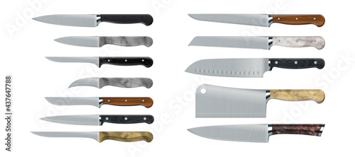 Kitchen knives. Realistic cooking tools. 3D sharp stainless steel daggers with wooden and marble handles. Isolated kitchenware set for food cutting. Vector types of cookers equipment