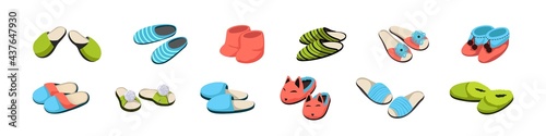 Cartoon slippers. Pairs of shoes for home. Comfortable soft male or female footwear set. Casual footgear with decorative pompons and funny fox heads. Vector isolated colorful sneakers