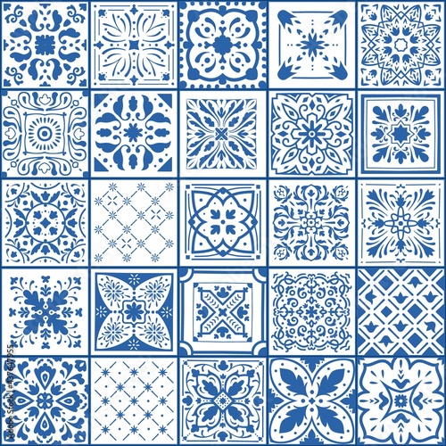 Portugal tile. Spanish square floor and wall covers. Blue and white ornamental arabesque pattern. Geometric patchwork flooring samples set. Vector abstract traditional mosaic texture photo