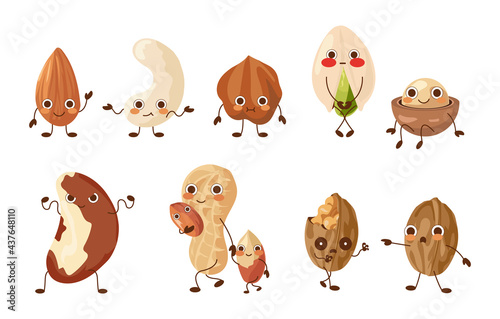 Cartoon nut characters. Cute food mascots. Funny walnut and pistachio. Macadamia or peanut. Hazelnuts set with various expressions and poses. Dieting snacks. Vector healthy nutrition