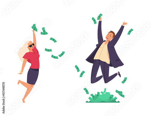 Rich people. Cartoon millionaires throwing banknotes and jumping. Flying paper money. Happy man and woman won lottery. Joy of wealthy characters. Vector couple having financial success