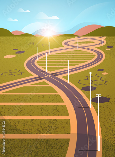 meadow with road in genetic DNA shape helical molecule structure clinic medical treatment research and testing