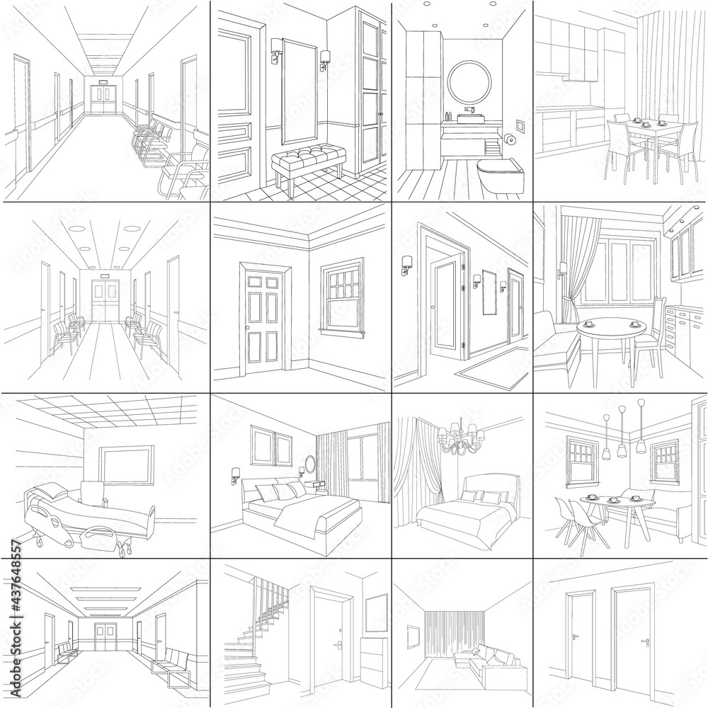 set of sketch interior apartment isolated, vector
