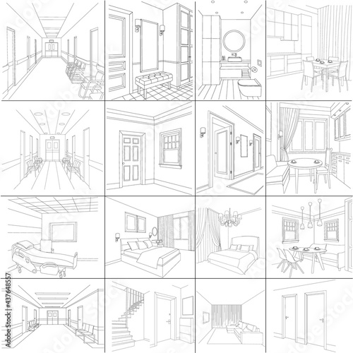set of sketch interior apartment isolated, vector