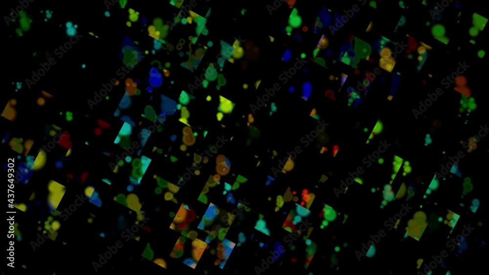Abstract multicolored particles in random flight hide behind black squares. 4K. Flight in endless space. Futuristic design of celebration, festival. Isolated black background.