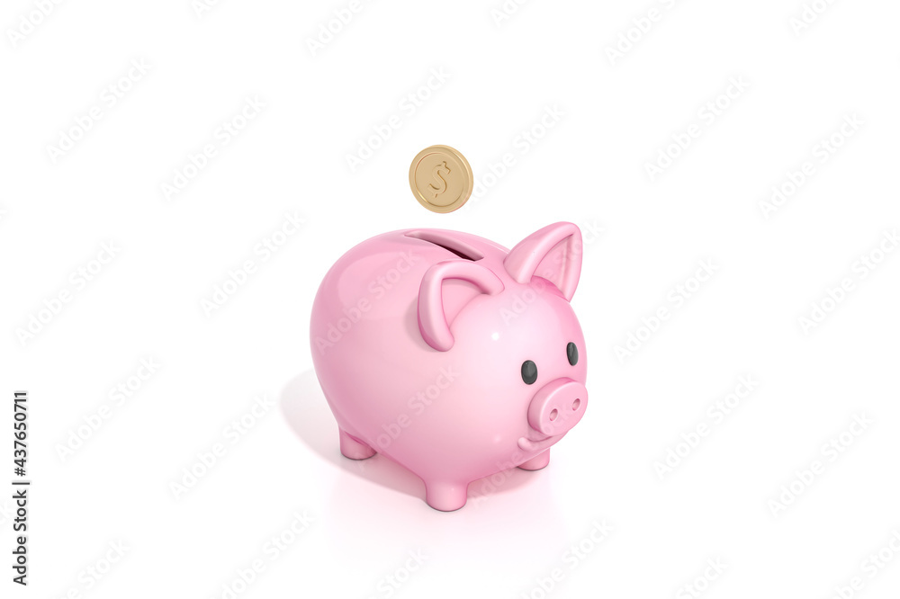 Pink piggy bank with falling dollar gold coin on white background for business and financial concept 3d rendering. 3d illustration concept of save money or open a bank deposit.