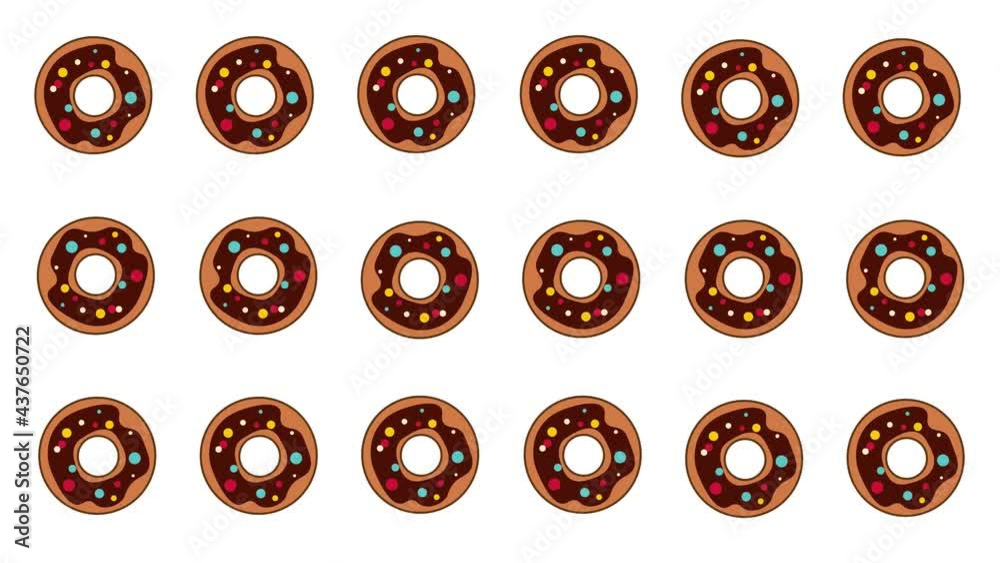 Animation pattern colorfulred donuts. Donut with icing sprinkled with grains. Design for your ad, holiday designs, party, birthday, invitation. 4K video graphic animation Animation pattern colorfulred donuts. Donut with icing sprinkled with grains. Design for your ad, holiday designs, party, birthday, invitation. 4K video graphic animation