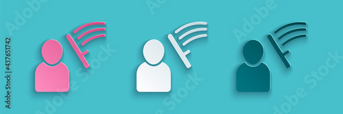 Paper cut Police beat human icon isolated on blue background. Abuse of authority. Protests, demonstrations and rallies. Police against protesters. Paper art style. Vector