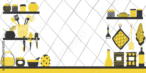 Hand drawn background with kitchenware on shelf in flat Scandinavian style and with copy-space. Cute cartoons illustration of kitchen with dishware and place for Your text. Vector illustration.