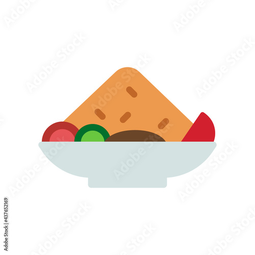 Fried Rice Vector Icon in Flat Style. Nasi goreng is a dish of rice fried in a wok or frying pan and mixed with other ingredients such as eggs, vegetables, seafood, or meat. Vector icon
