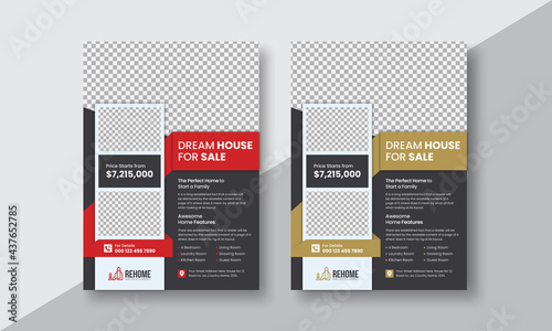 Real estate business flyer design template, red, gold, dark color variation, editable corporate vector illustration