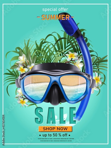 Summer sale background with diving mack and tropical flowers and plants.