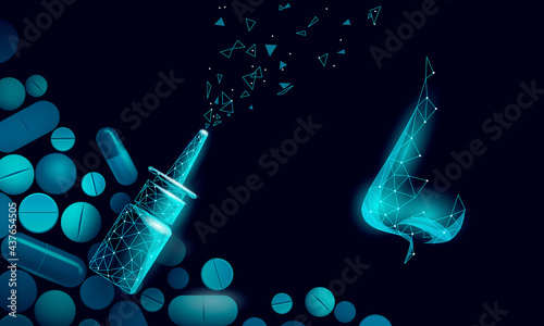 Rhinitis nose low poly. Treatment medicine coryza. Pharmacy runny nose spray. Drug capsule polygonal design banner template research vector illustration