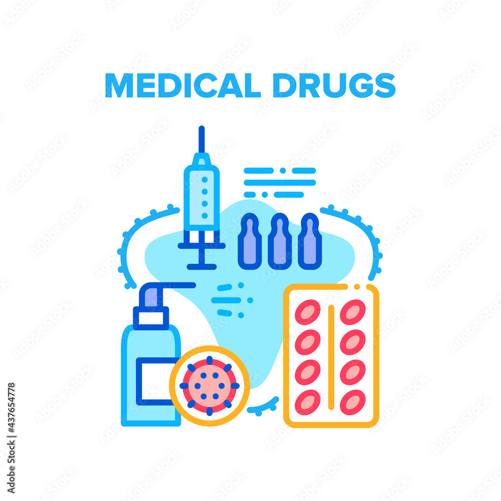 Medical Drugs Health Healing Vector Icon Concept. Medical Drugs Package, Ampoule With Medicaments For Syringe Injection And Sanitizer Bottle Health Protection And Disease Treatment Color Illustration