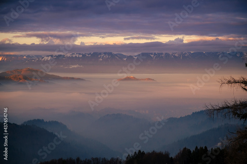 Foggy winter landscape in Slovenian hills