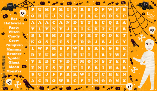 Colourful halloween riddle for kids, word search game with mummy character and bats, spooky worksheet for children books, educational activity on orange background in cartoon style