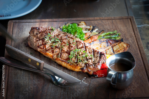 Beef Steak. Medium rare sliced grilled striploin beef steak