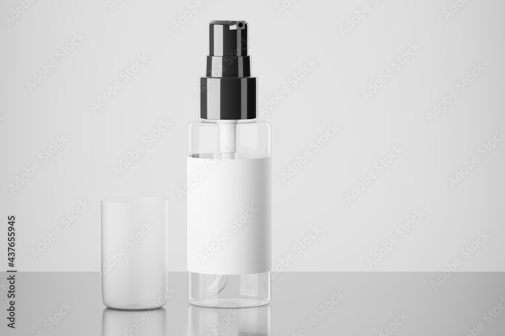 Medical or cosmetic spray mockup. Empty spray bottle mockup. Black spray lid. Transparent spray bottle with label. 3d render. Medical or cosmetic spray mockup. Empty spray bottle mockup. Black spray lid. Transparent spray bottle with label. 3d render.
