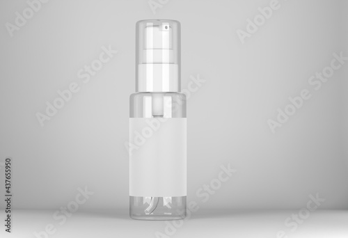 Medical or cosmetic spray mockup. Empty spray bottle mockup. Transparent spray bottle with label. 3d render.