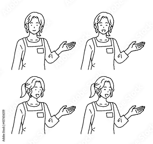 シンプルなタッチ　お店の店員の女性のイラストレーションセット