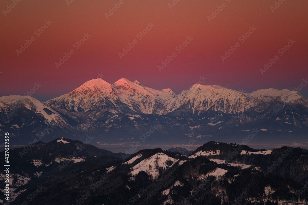 Kamnik-Savinja alps in Slovenia in red sunset
