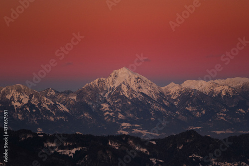 Storzic mountain in red sunset in Slovenia
