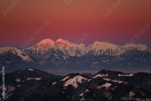 Kamnik-Savinja alps in Slovenia in red sunset © Vesna