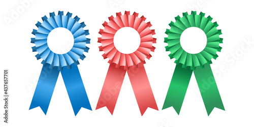 pleated ribbon rosettes in blue, red and green.  rosette of winners.  vector illustration.