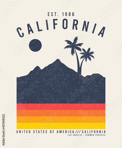California t-shirt design with palm trees and mountains. Typography graphics for tee shirt with grunge. Vintage apparel print. Vector illustration.