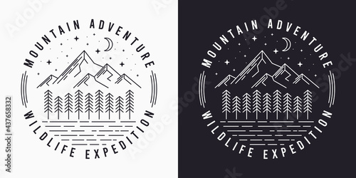Line style t-shirt design with mountains, trees, night sky and slogan. Typography graphics for tee shirt design. Vintage apparel print. Vector illustration.
