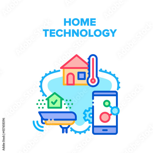 Home Technology Vector Icon Concept. Smart Home Technology Control Climate In House And Security System Connect With Smartphone Application. Cctv Camera Surveillance Device Color Illustration
