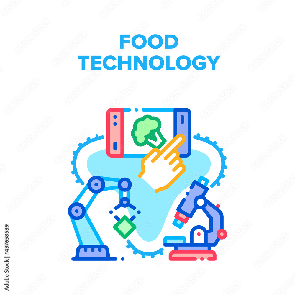 Food Technology Vector Icon Concept. Food Technology Production And Researching Quality With Laboratory Microscope. Factory Robotic Arm On Conveyor, Choosing Nutrition On Smartphone Color Illustration Food Technology Vector Icon Concept. Food Technology Production And Researching Quality With Laboratory Microscope. Factory Robotic Arm On Conveyor, Choosing Nutrition On Smartphone Color Illustration