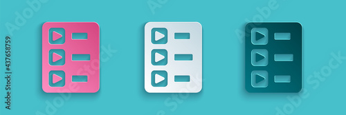 Paper cut Music playlist icon isolated on blue background. Paper art style. Vector
