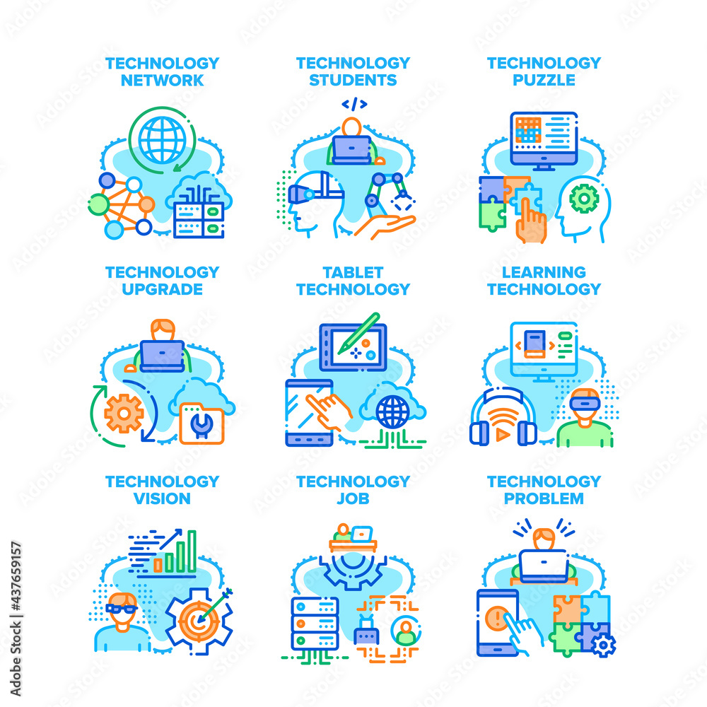 Technology Upgrade Set Icons Vector Illustrations. Student Learning Technology And Network Problem Solve, Vision And Job, Tablet Device And Puzzle Game. Development And Testing Color Illustrations Technology Upgrade Set Icons Vector Illustrations. Student Learning Technology And Network Problem Solve, Vision And Job, Tablet Device And Puzzle Game. Development And Testing Color Illustrations