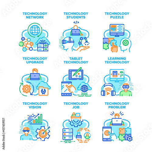 Technology Upgrade Set Icons Vector Illustrations. Student Learning Technology And Network Problem Solve, Vision And Job, Tablet Device And Puzzle Game. Development And Testing Color Illustrations