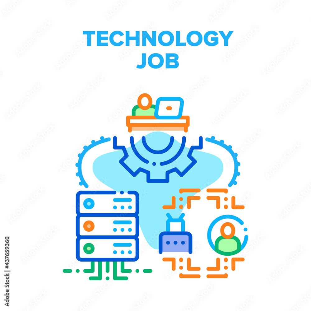 Technology Job Vector Icon Concept. Programmer It Worker Developing Software Code On Computer At Working Desk, Programming Robot And Support Server Technology Job Color Illustration Technology Job Vector Icon Concept. Programmer It Worker Developing Software Code On Computer At Working Desk, Programming Robot And Support Server Technology Job Color Illustration