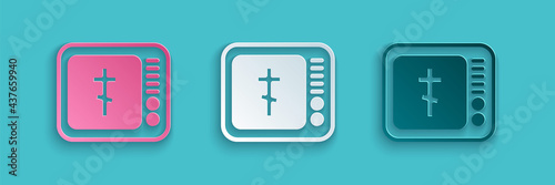 Paper cut Online church pastor preaching video streaming icon isolated on blue background. Online church of Jesus Christ. Paper art style. Vector