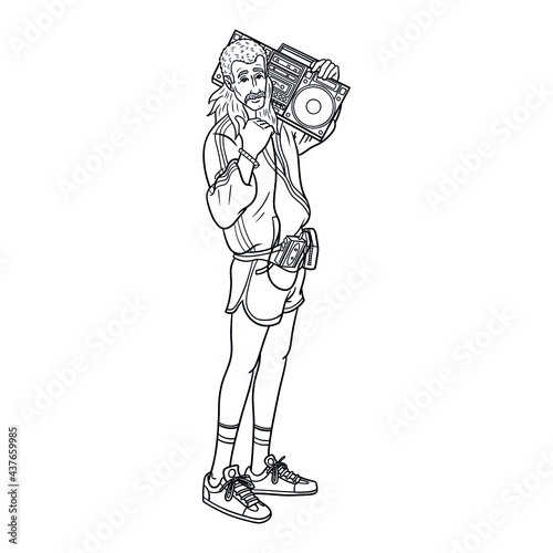 man with mullet and boombox on his shoulder. 80s, monochrome, comic.