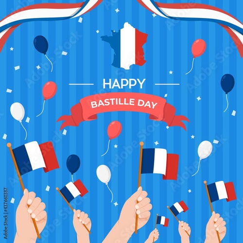 Flat Vector  Happy bastille day with ribbon salute confetti