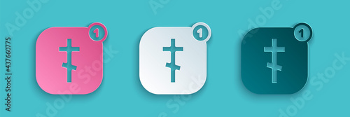 Paper cut Online church pastor preaching video streaming icon isolated on blue background. Online church of Jesus Christ. Paper art style. Vector