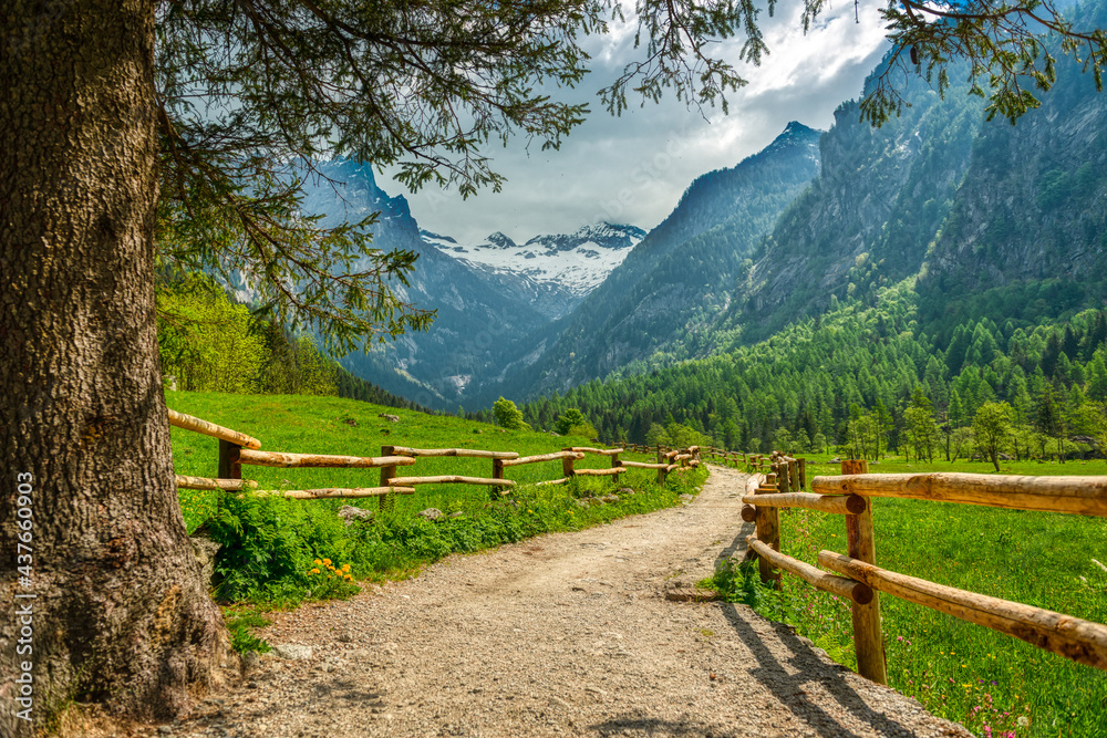 mountain path through the valley of Mello in Lombardy, Italy