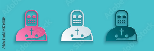 Paper cut Knight crusader icon isolated on blue background. Paper art style. Vector