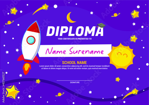 kids diploma certificate template with space galaxy