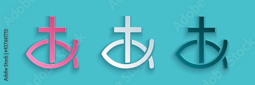 Canvas Print Paper cut Christian fish symbol icon isolated on blue background