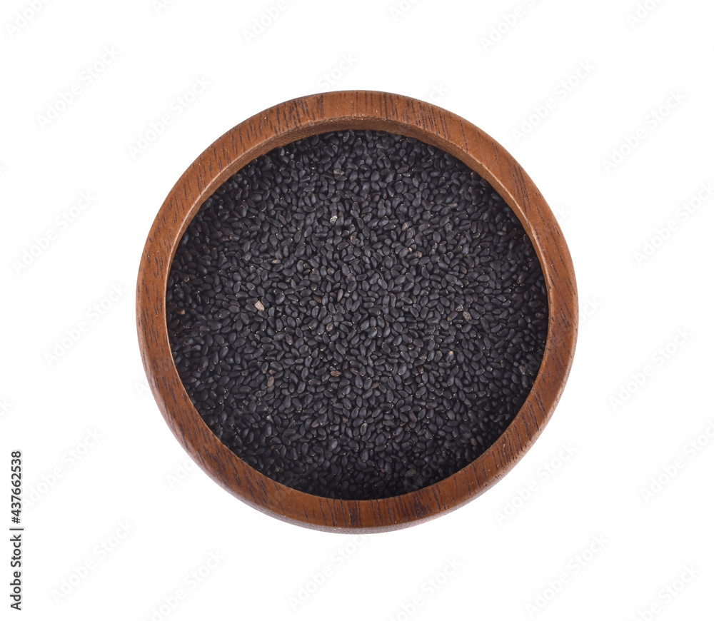 Hairy basil seeds with wooden bowl isolated on white background Hairy basil seeds with wooden bowl isolated on white background
