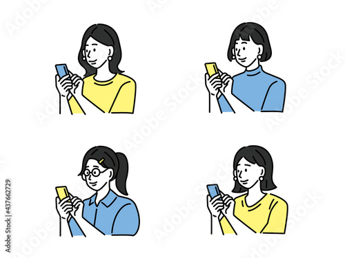 スマートフォンを持った女性のイラスト(スマホ、SNS、ソーシャル、キャッシュレス、ネットワーク、自撮り、検索、リサーチ) Illustration of a woman with a smartphone (smartphone, SNS, social, cashless, network, selfie, search, research)  Hand with phone. QR code