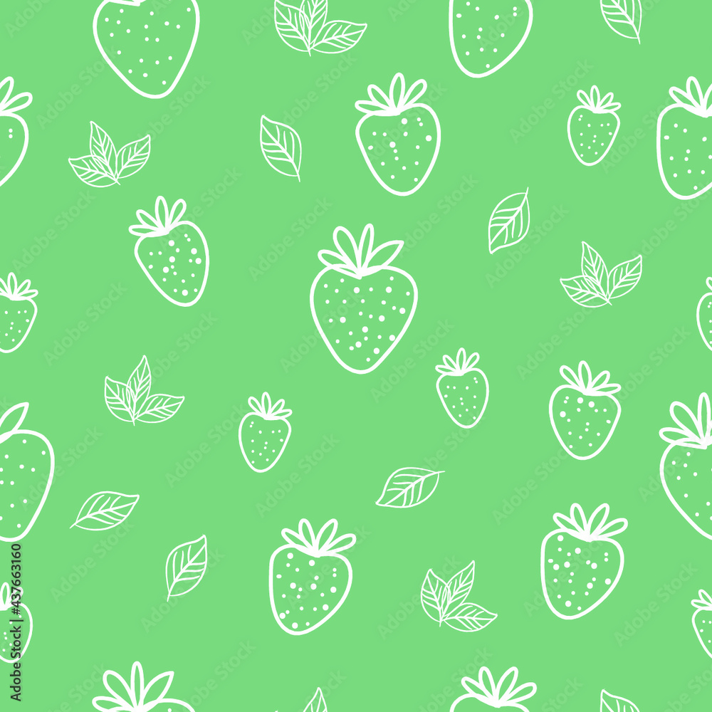 Seamless pattern with strawberries vector drawing, green background , strawberry fruits and leaves 