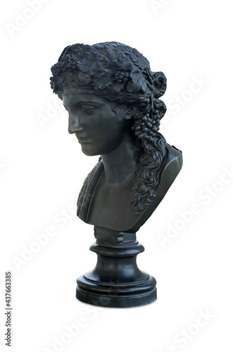 Bronze antique bust of the ancient Roman god Bacchus, isolated on white background. The inscription on the pedestal "Bacchus". Design element with clipping path