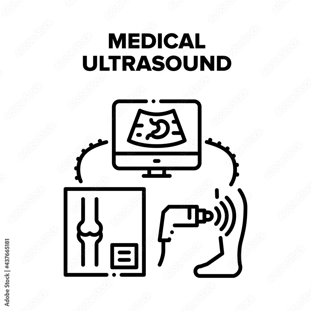Medical Ultrasound Device Vector Icon Concept. Medical Ultrasound Medical Treatment For Examination Human Organ Health And Bones. Hospital Medicine Electronic Equipment Black Illustration Medical Ultrasound Device Vector Icon Concept. Medical Ultrasound Medical Treatment For Examination Human Organ Health And Bones. Hospital Medicine Electronic Equipment Black Illustration