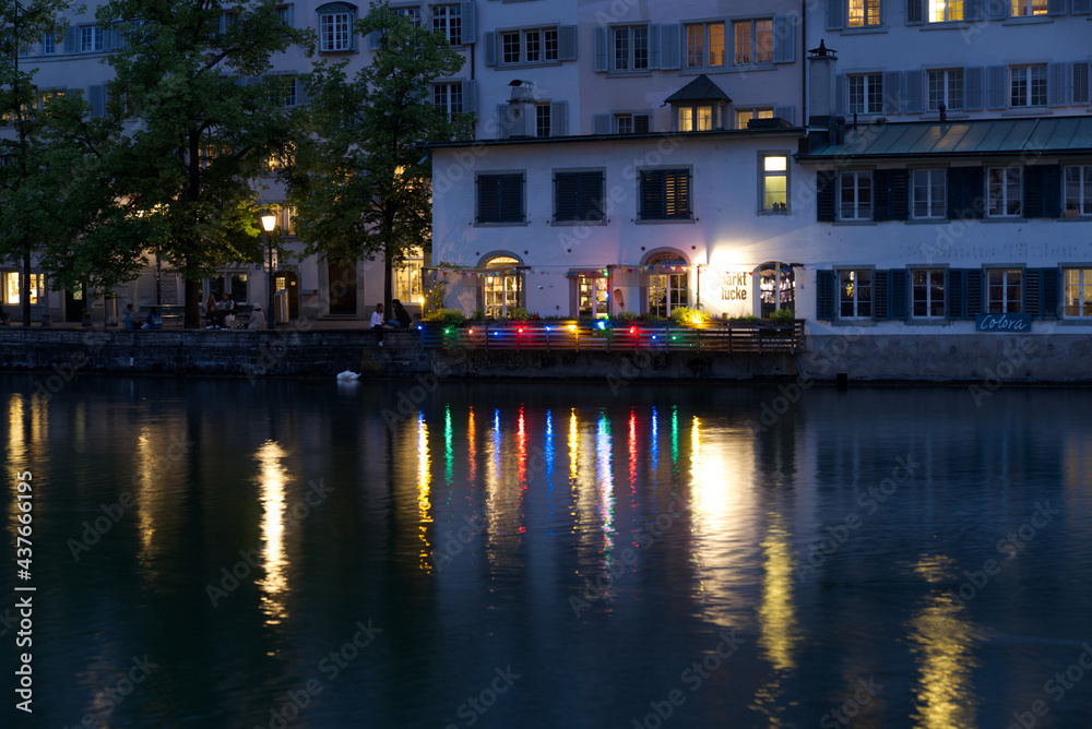 Old town of Zurich with river Limmat by night at summertime. Photo taken June 5th, 2021, Zurich, Switzerland.